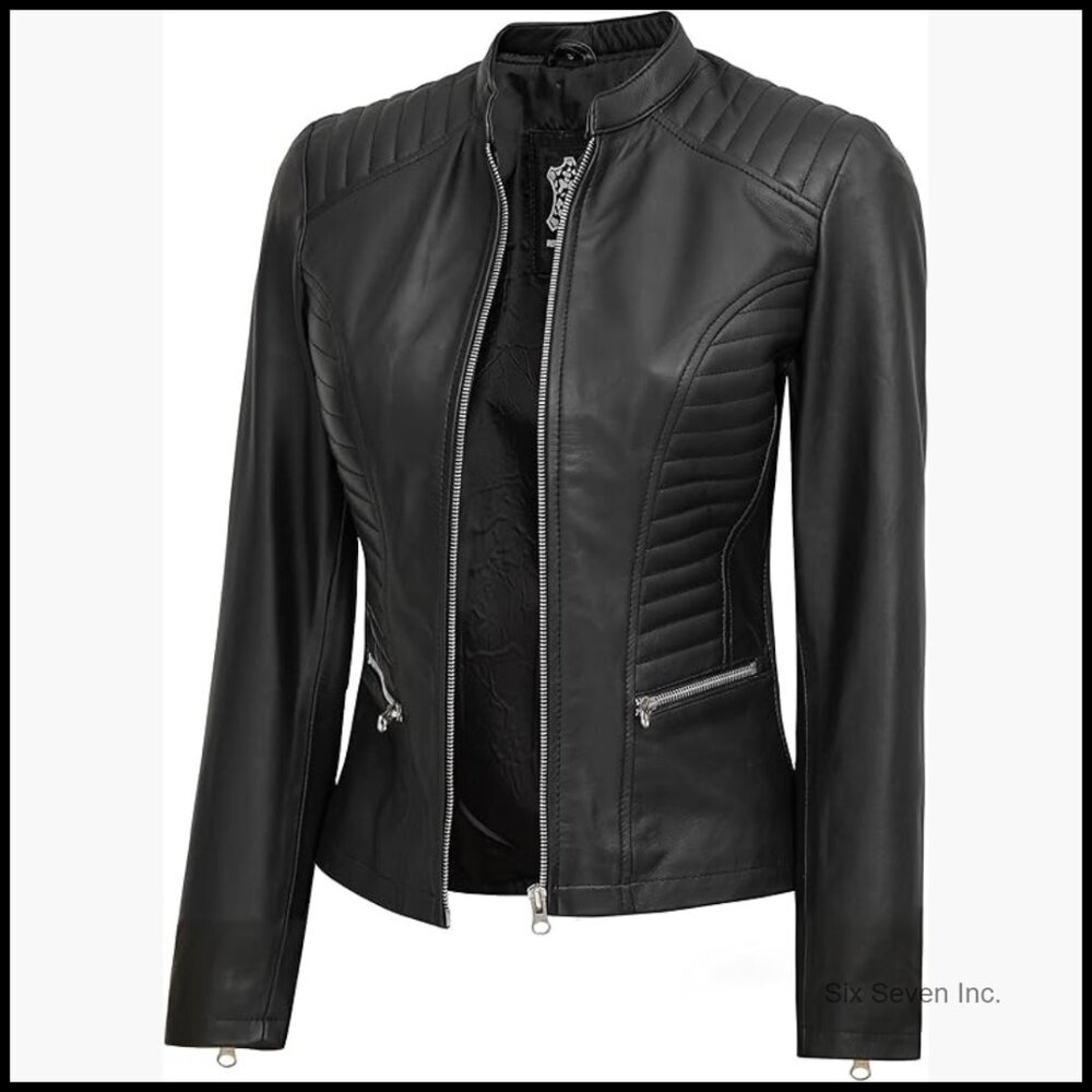 Real Lambskin Leather Jacket Cafe Racer Style Women's